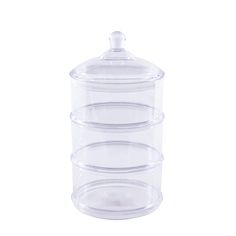 three tiered plastic storage container with lids on the top and bottom, in clear