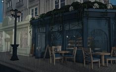 an animated image of a restaurant with tables and chairs on the sidewalk in front of a building