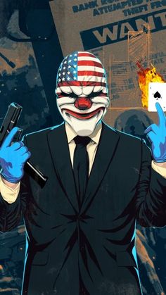 a man in a suit and mask holding two cell phones with the american flag painted on his face