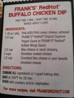 the menu for frank's redhot buffalo chicken dip