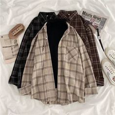 This shirt is perfect for those who are looking for a new shirt for a good price. It is fashionable, stylish, and it will look great on anyone who wears it. Do you wanahavit? Aesthetic Plaid, Blouse Korean Style, Oversized Plaid Shirts, Autumn Outwear, Victorian Blouse, Plaid Shirt Women, Casual Outwear, Oversized Outfit