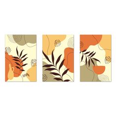 three paintings on a wall with different shapes and sizes, each depicting flowers in orange