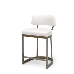 a white counter stool with a metal frame and backrest, viewed from the front