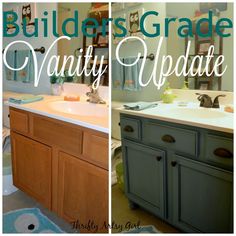 two pictures of bathroom vanity with the words builder's grade vanity update