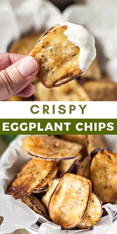 crispy eggplant chips in a white bowl with text overlay that reads crispy eggplant chips