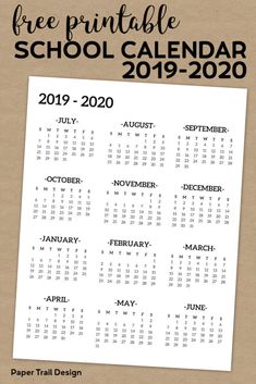 the free printable school calendar for 2019 - 2020 is shown in black and white