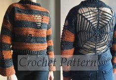 the back of a woman's jacket made out of yarn and crochet