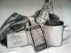 a pencil drawing of a giraffe and cell phone on a table with coffee