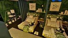 a room with green and white furniture in it