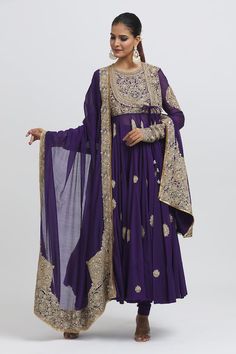 Purple anarkali stye angarkha with contrast embroidery. Comes with churidar and border embroidered dupatta. - Aza Fashions Purple Anarkali, Contrast Embroidery, Anamika Khanna, Embroidered Dupatta, Purple Silk, Fashion App, Churidar, Embroidered Silk, Set For Women