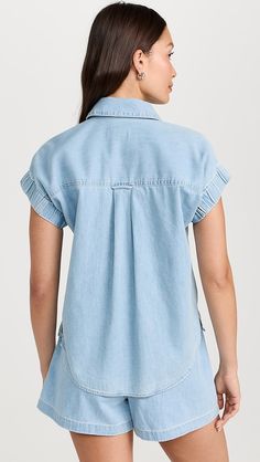 Veronica Beard Jean Almera Top | Shopbop Summer Button-up Chambray Tops, Classic Chambray Denim Button-up Top, Veronica Beard Jeans, Washed Blue Chambray Button-up Top, Medium Wash Chambray Denim Button-up Top, Chambray Shorts, Medical Problems, Uniform Fashion, Jean Top