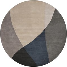 a round rug with an abstract design in grey, beige and blue colors on it