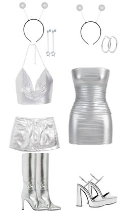 a woman's silver outfit with high heels and accessories