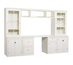 a white entertainment center with cabinets and drawers