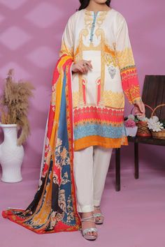 DESCRIPTION: DIGITAL AIRJET PRINTED LAWN TWO PIECES SHIRT AND TROUSER. Printed Stitch Airjet Lawn Shirt. Printed Lawn Dupatta. Shirt Measurement Small Medium Large Chest 19" 20" 21" Shoulder 14" 14.5" 15" Length 37-38" 38-40" 39-41" Waist 21" 22.5" 23-24" Sleeves 21" 22" 23" NOTE: Due to use of heavy flashlights while photo shoot, actual color of dress will vary 10-15% "TO PLACE ORDER ON WHATS'APP " "CLICK HERE" White Silk Long Sleeve Sets, Multicolor Silk Sets With Digital Print, Silk Sets With Multicolor Digital Print, Multicolor Silk Sets With Printed Motifs, Silk Salwar Kameez With Digital Print And Long Sleeves, White Silk Dupatta With Naqshi, White Silk Dupatta With Naqshi Detailing, Elegant Multicolor Silk Lawn Suit, Multicolor Long Sleeve Lawn Suit With Printed Motifs