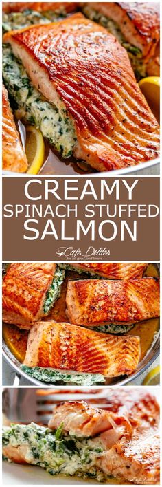 creamy spinach stuffed salmon with lemons and herbs