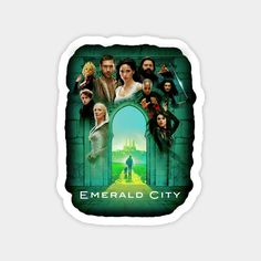 the emerald city movie poster with characters in green and yellow colors, including an arch