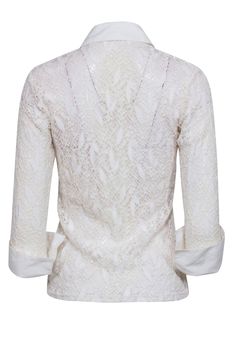 The white shirt is a quintessential style by designer Anne Fontaine. This embroidered version is special for the open lace design. Add a silk camisole for additional coverage and an interesting contrast. Size M (3) Based on measurements 59% Polyamide, 5% Elastane, 2% Viscose Embroidered lace Poplin collar and sleeves accent Button-down Bust 34" Waist 28" Shoulder to hem 23" Sleeve length 21" Elegant Lace Tops For Fall, Elegant White V-neck Lace Top, Elegant Delicate Lace Top For Fall, Classic White Top With Lace Sleeves, Elegant White Tops With Delicate Lace, Elegant White Lace V-neck Top, White Lace Collar V-neck Top, Elegant Spring Tops With Delicate Lace, Elegant V-neck Top With Lace Work