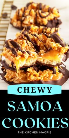 chewy samoa cookies are stacked on top of each other