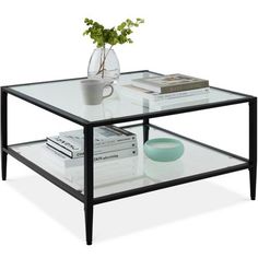 a glass table topped with books and a vase filled with green plant sitting on top of it