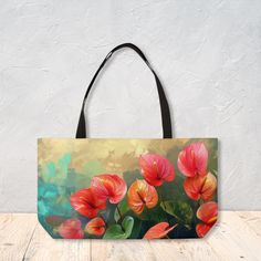 Stylish Weekender Tote Bag with Anthurium Flower Designer Tote Bag Personalized Modern T-Bottom Shoulder Bag by Agnes Pembroke Elevate your style with this unique weekender tote bag, embellished with exclusive designs by Agnes Pembroke. This bag seamlessly integrates elegance and durability through its iconic T-bottom design. FREE personalization is available for this design!  Kindly review the thumbnails to understand the default design and the alternate design to be used for personalization. ✨ AVAILABLE TYPES ✨ Both weekender bags come in the size of 24" x 13" and are made of 100% polyester.   Weekender Tote - Black handles Weekender Bag - Rope handles are cream-colored and fed through gold color metal grommets 🎁 ORDERING INSTRUCTIONS 🎁 1. Select your weekender type 2. Add personalizat Large Capacity Flower Shaped Shoulder Bag For Daily Use, Multicolor Flower Shaped Shoulder Bag For Travel, Black Bags With Floral Print For Gifts, Flower Shaped Multicolor Travel Shoulder Bag, Red Floral Print Summer Bag, Red Floral Print Bags For Daily Use, Daily Use Red Floral Print Bags, Daily Use Flower-shaped Bags With Removable Pouch, Daily Use Flower-shaped Bag With Removable Pouch