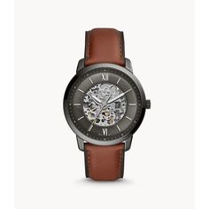 This 44mm Neutra features a gray sunray see-through skeleton dial with stick indices, automatic movement and an amber leather strap. Fossil Watches For Men, Timeless Watches, Automatic Watches For Men, Fossil Watch, Hand Watch, Fossil Watches, Analog Watch, Brown Leather Strap, Skeleton Watch