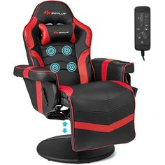 a black and red reclining chair next to a remote control for the game system