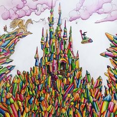 a drawing of a castle made out of crayons