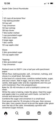 the recipe for apple cider donut poundcake is shown on an iphone screen