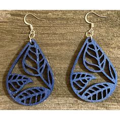 Laser Cut Wood Earrings Made In The Usa Nickel Free Blue Earrings For Everyday, Blue Nickel-free Everyday Earrings, Blue Nickel-free Earrings For Everyday, Blue Drop Earrings For Everyday Wear, Blue Hypoallergenic Teardrop Earrings As Gift, Hypoallergenic Blue Teardrop Earrings As Gift, Everyday Blue Drop Earrings, Nickel-free Blue Teardrop Earrings As Gift, Blue Leaf-shaped Jewelry Gift