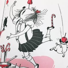 a drawing of a girl with an umbrella and other things in the background, including candy canes