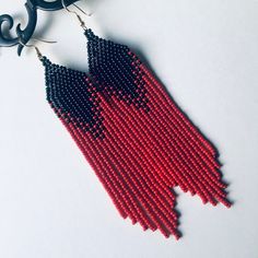 Black Red Long Bead Earrings Fringe Earrings Native Earrings - Etsy Elegant Red Beaded Earrings With Fringe, Elegant Red Beaded Fringe Earrings, Native Earrings, Outfit Elegant, Native American Earrings, Black Brick, Beaded Earrings Patterns, Rainbow Earrings, Black Fringe