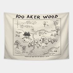 a map with trees and the words,'100 aker wood'on it