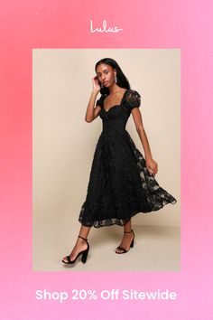 No matter the occasion, everyone will be curious about the identity of the beauty in the Lulus Notable Elegance Black Mesh Floral Applique Bustier Midi Dress! Lightweight mesh features a stunning pattern of 3D floral appliques as it shapes sheer puff sleeves with elastic at the cuffs and shoulders. Bodice has a sweetheart neckline with seamed cups and a high, fitted waist. A-line skirt falls to a tiered midi hem to complete the look. Hidden zipper/clasp at back. Fit: This garment fits true to size. Length: Mid-calf length. Size medium Bust: Great for any cup size. Waist: Fitted - very fitted at natural waist. Hip: Not Fitted - fuller skirt allows room for hips. Undergarments: May be worn with a strapless bra, adhesive bra, petals, or no bra. Fabric: Fabric has no stretch. Lined. Shell: 100 Rehearsal Dinner Guest Outfits, Bustier Midi Dress, Puff Sleeve Midi Dress, Lulu Fashion, Adhesive Bra, Darling Dress, Puff Sleeve Dresses, Fall Skirts, Sleeve Midi Dress