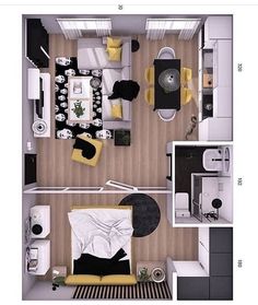 an overhead view of a living room and kitchen area in a small apartment, with furniture arranged on the floor