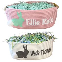 two baskets filled with fake grass and some bunny ears on top of each basket, one has