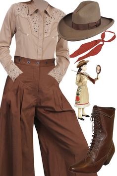 a woman in brown pants and hat next to a pair of boots with a red ribbon