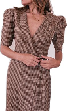 Classic V-neck Blazer Dress For Semi-formal, Business V-neck Dresses With Button Closure, Elegant Fitted V-neck Outerwear, Chic V-neck Dress With Buttons, Elegant Brown V-neck Dress For Spring, Chic V-neck Office Dress For Fall, Chic V-neck Midi Dress For Business, Fitted V-neck Double-breasted Blazer Dress, Classic V-neck Midi Dress With Buttons