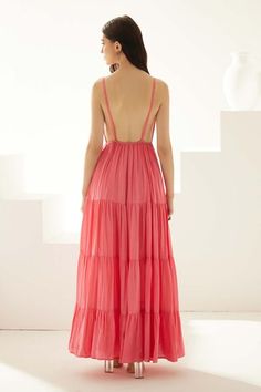 Peach modal strappy maxi dress with a V neckline. - Aza Fashions Flowy Peach Maxi Dress For Vacation, Peach Summer Maxi Dress For The Beach, Peach Sleeveless Maxi Dress For Vacation, Peach Maxi Dress For Vacation, Peach Sundress Maxi Dress, Sleeveless Peach Sundress For Beach, Sleeveless Peach Maxi Dress For Vacation, Peach Sundress Maxi Dress For Beach, Flowy Peach Midi Dress For Beach