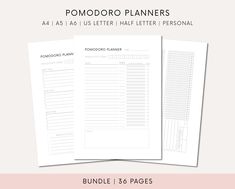 the pomodoro planner printable is shown in three different sizes