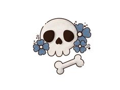 a white skull with blue flowers and a bone