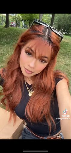 Ginger Head Aesthetic, Honey Red Hair Color Caramel Highlights, Cowgirl Copper Hair Dark Roots, Ginger With Dark Roots, Copper Hair On Asian Women, Ash Ginger Hair, Copper Hair Dark Skin, Muted Copper Hair, Ginger Hair On Brown Skin