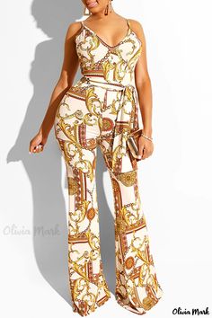 Olivia Mark - Patchwork Spaghetti Strap Boot Cut Jumpsuit for Women in Black Print Gold Fitted Jumpsuits And Rompers For Summer, Fitted Gold Jumpsuits And Rompers For Summer, Sleeveless Gold Jumpsuits And Rompers For Summer, Sleeveless Gold Jumpsuits For Spring, Patchwork Boots, High Waist Jumpsuit, Women's Jumpsuit, Black Spaghetti Strap, Boot Straps