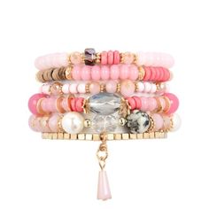 Multi Stones Pink Mix Stackable Bracelets 6 Bracelets Per Stack Crystal Bead, Wood, Natural Stone Stretchable Statement Bracelets, Fashion Beads, Pink Body, Stackable Bracelets, Statement Bracelet, Lovely Jewellery, Multi Stone, Fashion Accessories Jewelry, Jewelry Gift Box