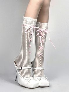 Elevate your outfit with our exquisitely designed socks, featuring a charming hollow-out pattern. Adorned with delicate bows and elegant lace-up decorations, these socks add a touch of sophistication to any ensemble. The cuffs are beautifully trimmed with intricate lace, enhancing their overall aesthetic appeal.Perfect for adding a whimsical and stylish touch to your wardrobe, these socks are a must-have for any fashion enthusiast.  Please note, the price is for one pair of socks only. Thigh High Socks Aesthetic, Types Of Socks, Coquette Accessories, Elegant Socks, Clothes For Drawing, Steampunk Fashion Female, Socks Aesthetic, Steampunk Fashion Male, Gothic Skirts