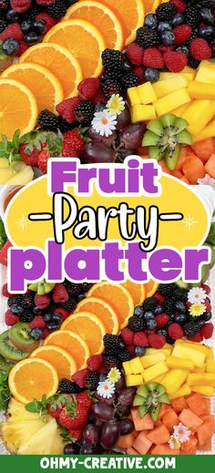 fruit party platter with oranges, raspberries, strawberries and grapes