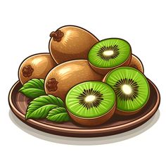 kiwis on a plate with leaves and nuts in the center, isolated on a white background