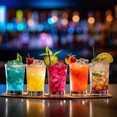 five different colored drinks lined up on a bar