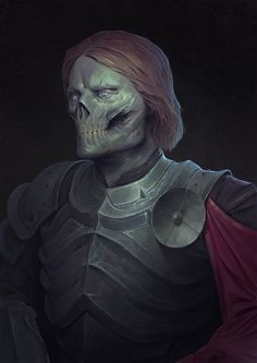 a man with red hair wearing armor and a skull face is shown in this digital painting