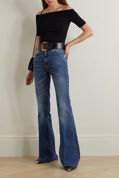 Alexander McQueen's denim jeans have flared legs and a faded wash that create an authentic vintage feel. Complement the inky wash with a black top and accessories. Jeans Feminine Outfit, Flare High Rise Jeans Outfit, Net A Porter Jeans, Denim Flare Jeans Outfit, Flare Jeans Outfit Ideas, Flare Jeans Outfit Winter, Flare Jean Outfit, Bootcut Jeans Outfit, Flare Jeans Style